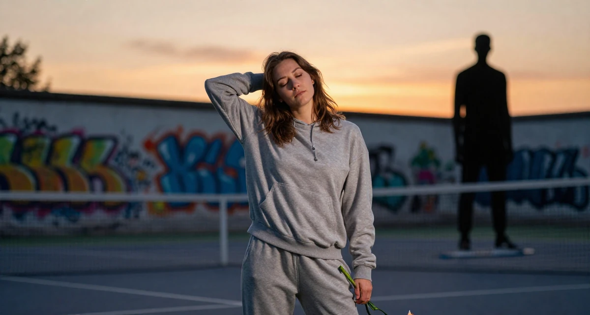 A zoned out Female From Germany, based in Düsseldorf, graduated from a design university majoring in atmospheric visual storytelling in their 22, planning monthly photoshoots on a tight budget, wearing a comfortable lounge wear set, holding a single flower in a tennis court.
