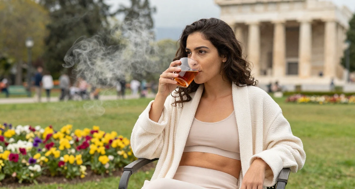 A focused Female From Costa Rica, studied environmental engineering in their 22, becoming more aware of personal boundaries with fans, wearing a soft cotton underwear set worn with an open robe, sipping a warm drink in a quiet park.