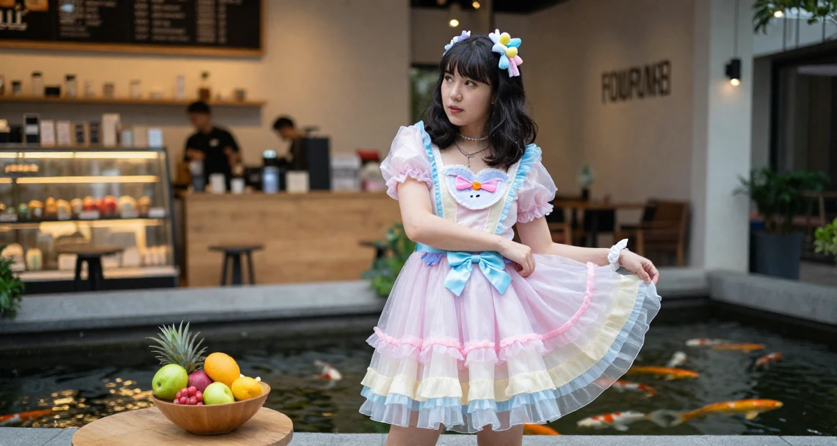 A relaxed and observant Female From USA, studied psychology and human behavior in their 24, reinvesting earnings in better lighting and props, wearing a candy-themed magical girl dress with pastel colors, adjusting sleeves in a trendy coffee shop.