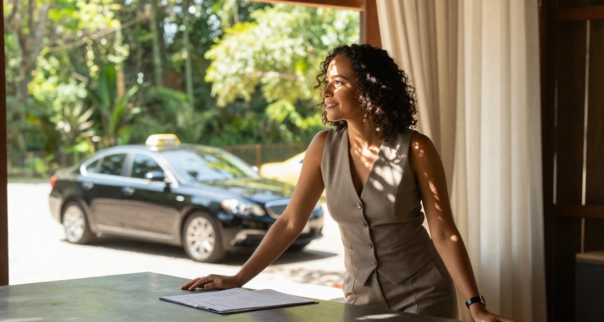 A warm Female From Brazil, studied architecture and urban planning in their 40, starting a business after years of corporate life, wearing a fitted vest top worn without a shirt underneath and slacks, waiting for a taxi in a barn interior.