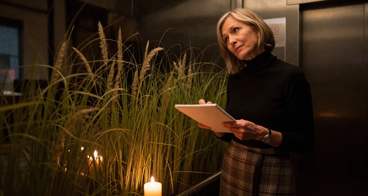 A zoned out Female Former café waitress, now documenting daily aesthetics for fans in their 48, grandmother sharing joy and family recipes, wearing a classic black turtleneck tucked into a plaid midi skirt, waiting for a taxi in a elevator hall.