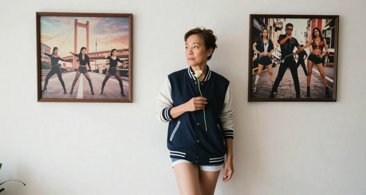 A wistful Female From Bangkok Thailand, learned nightclub choreography and costume design in their 46, celebrating the confidence that comes with age, wearing a casual varsity jacket look, holding a single flower in a quaint European street.