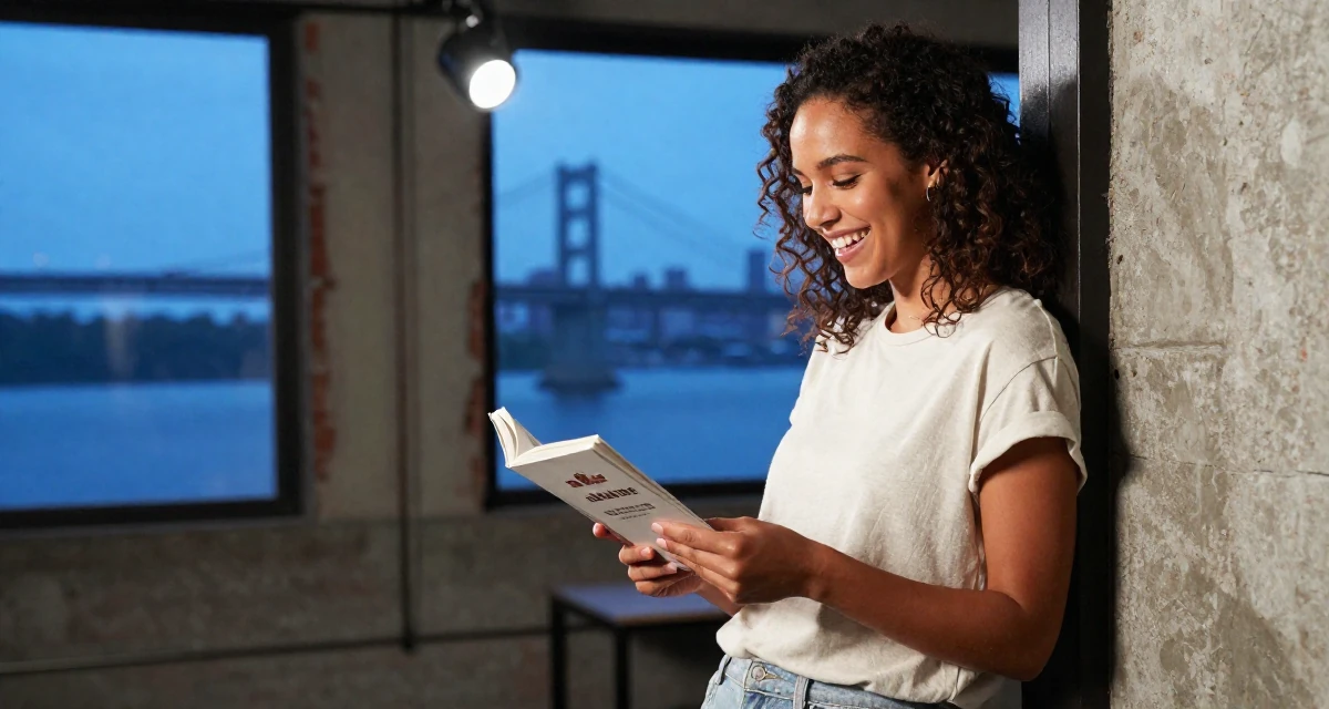 A joyful Female From Canada, holds a degree in accounting in their 25, building a loyal fanbase with tasteful flirty storytelling, wearing a soft organic cotton clothing, turning a page in a industrial loft.