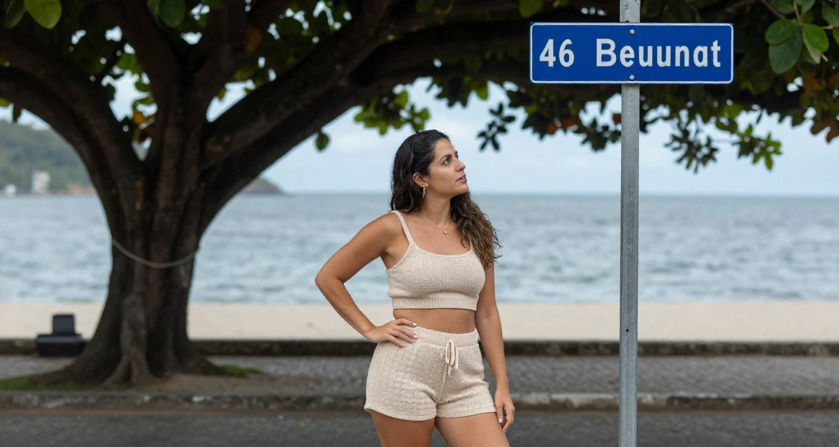A captivating Female From Brazil, has a background in journalism in their 46, sharing easy gourmet recipes for two, wearing a knitted loungewear shorts and a matching tiny top, looking at a street sign in a beach promenade.
