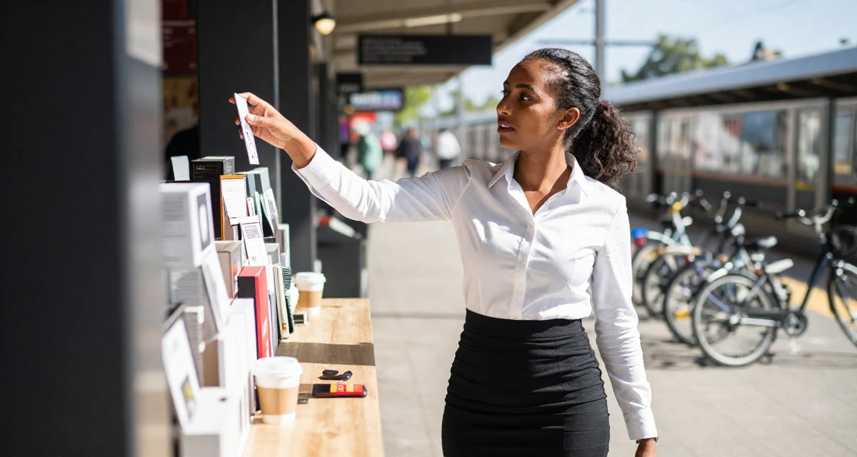 A passionate Female From Ethiopia, studied software development in their 25, upgrading equipment slowly as earnings grow, wearing a fitted white button-down shirt and a black pencil skirt, examining a product in a subway station.