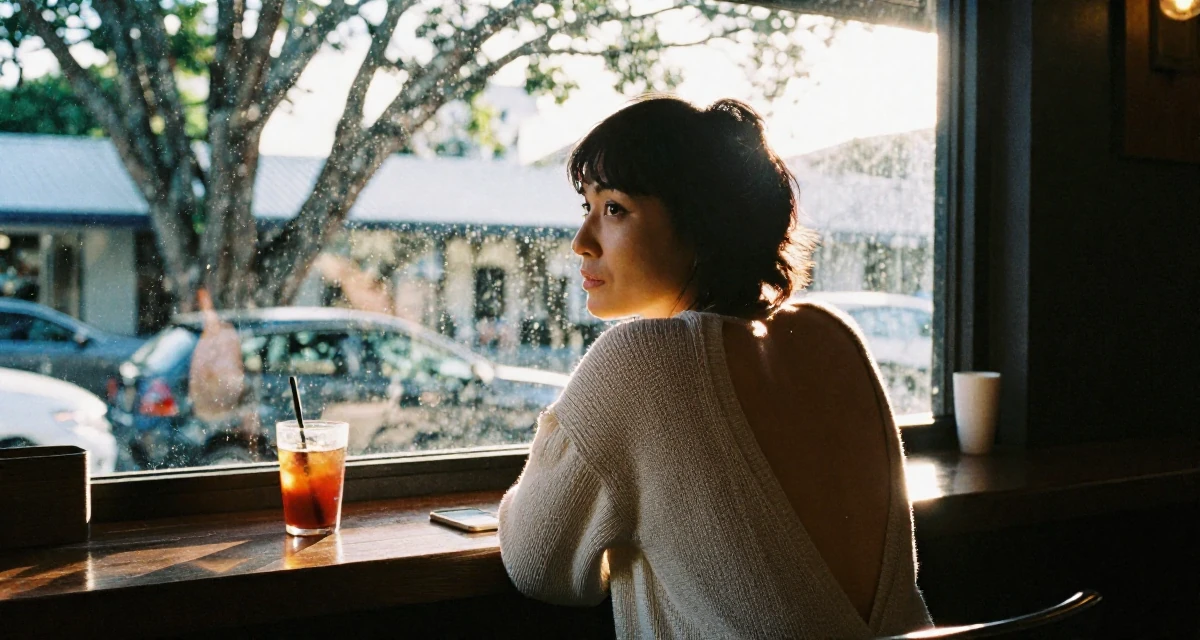 A intense and captivating Female From Auckland New Zealand, studied animation in their 36, sharing tips for organizing a chaotic home, wearing a open-back sweater showing the spine, watching traffic pass by in a dimly lit jazz bar.