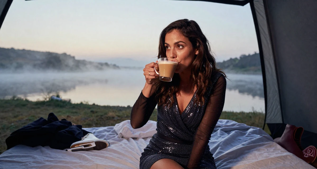 A radiant Female Born in Egypt, studied public relations in their 42, sharing the journey of perimenopause health, wearing a ice skater sparkly dress with sheer sleeves, sipping a latte in a camping site.