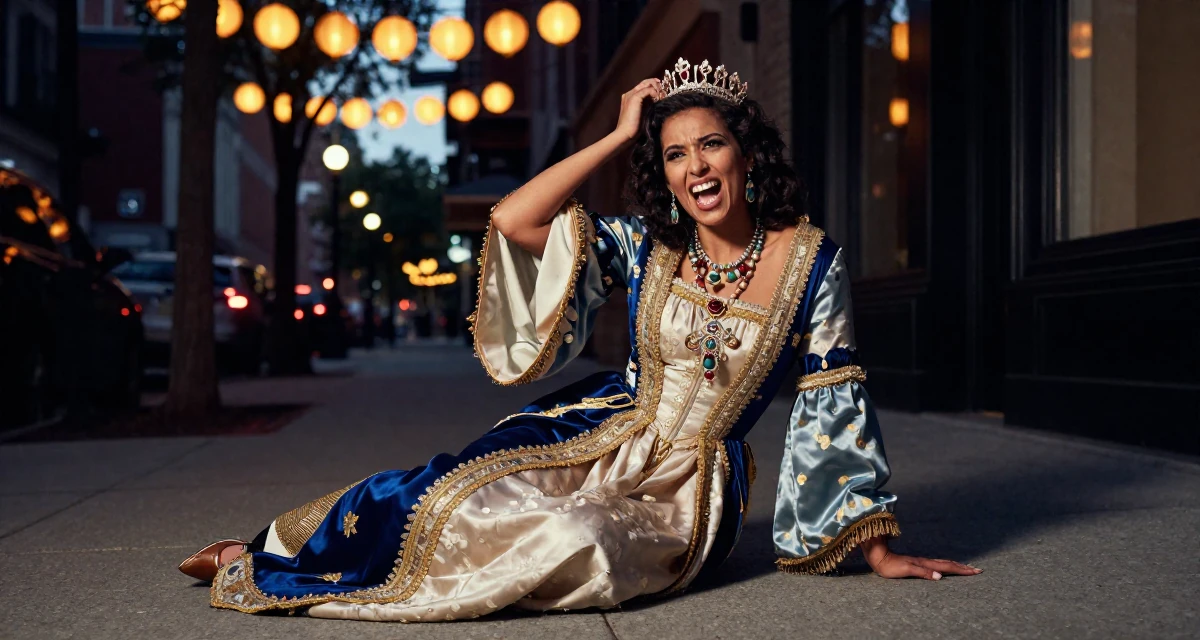 A playful and energetic Female From USA, studied anthropology and folklore in their 33, protecting personal time fiercely, wearing a regal empress gown with heavy silk and jewelry, scratching the head in confusion in a city sidewalk.