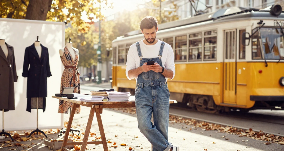 A distracted male From Azerbaijan, majored in petroleum engineering in their 20, balancing part-time jobs with intense study schedules, wearing a relaxed dungarees or overalls, checking a phone in a fashion design studio.