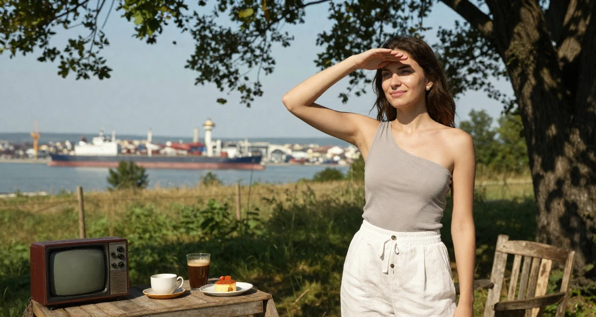 A amused Female From Hungary, majored in economics in their 20, buzzing with naive optimism and caffeine energy, wearing a one-shoulder fitted top and white linen trousers, shading eyes with a hand in a farm field.