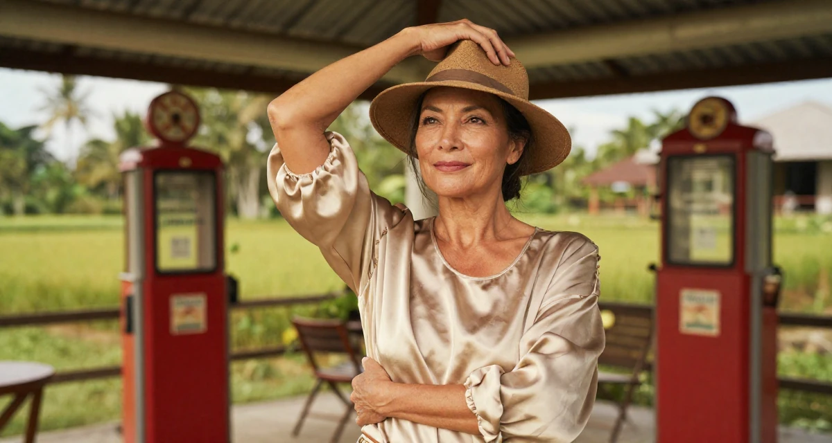 A charming Female From Bali Indonesia, practiced mindful movement and self-portrait art in their 50, inspiring others to start over at any age, wearing a silk blouse with oversized cuffs, adjusting a hat in a farm field.