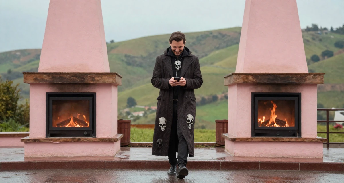 A radiant male From Thessaloniki Greece, practiced warm-tone aesthetic storytelling in their 25, wearing a tailored coat and looking sharp, wearing a dark fantasy necromancer robe with skull motifs, texting with both thumbs in a rainy street corner.