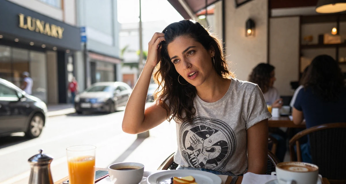 A open and honest Female From Brazil, studied architecture and urban planning in their 33, dealing with rising living costs, wearing a laid-back graphic tee and jeans, scratching a head lightly in a breakfast nook.