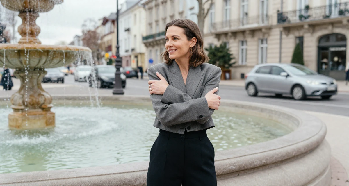 A grateful Female Once a real-estate assistant, now a full-time self-portrait artist in their 45, exploring hobbies neglected during younger years, wearing a cropped business jacket and high-waisted pants, watching traffic pass by in a wedding venue.