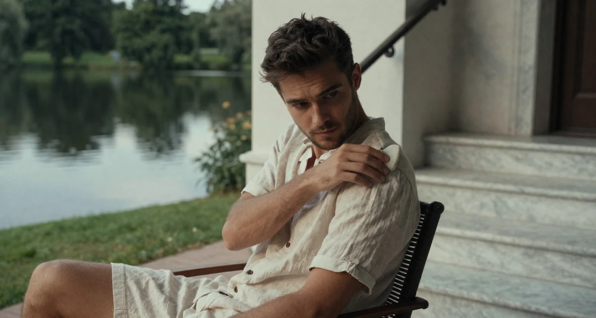 A focused and sharp male From Germany, based in Hamburg, graduated from a design academy majoring in interaction design in their 25, developing discipline through daily habits, wearing a chic summer linen outfit, dusting off the shoulder in a front porch.