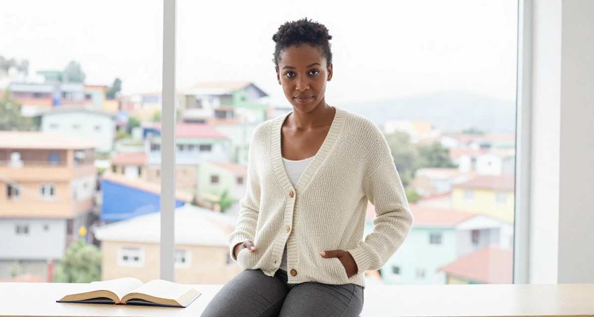 A coy Female Born in Haiti, majored in international relations in their 22, facing early rejection and learning from it, wearing a cozy knit cardigan and slacks, putting hands in pockets in a university campus.