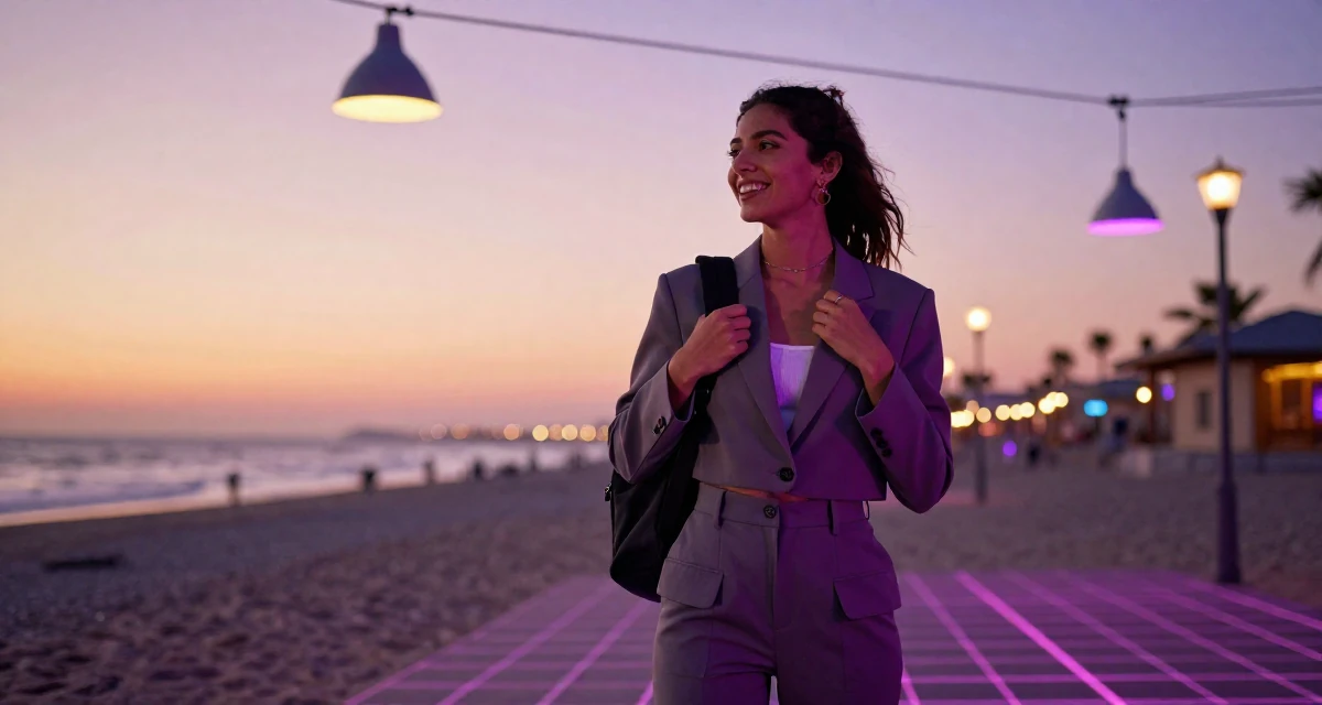 A delighted Female From Arabic-speaking world, studied international logistics in their 25, experimenting with outfit themes and props, wearing a cropped business jacket and high-waisted pants, adjusting a backpack strap in a sunset beach.
