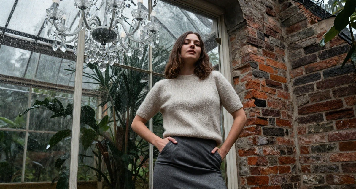 A victorious Female From France, based in Lyon, graduated from an arts school majoring in fashion communication in their 23, exploring feminine power through suggestive styling, wearing a short sleeve cashmere sweater and a skirt, sliding a hand into a pocket in a botanical greenhouse.