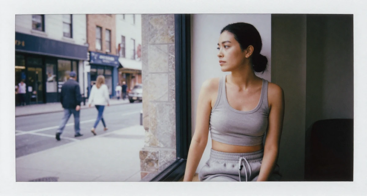 A melancholic yet beautiful Female Former spa receptionist, now blending beauty with calm-aesthetic content in their 47, sharing tips on managing a multigenerational home, wearing a cropped tank top and low-waisted sweatpants, looking out the window in a urban street.