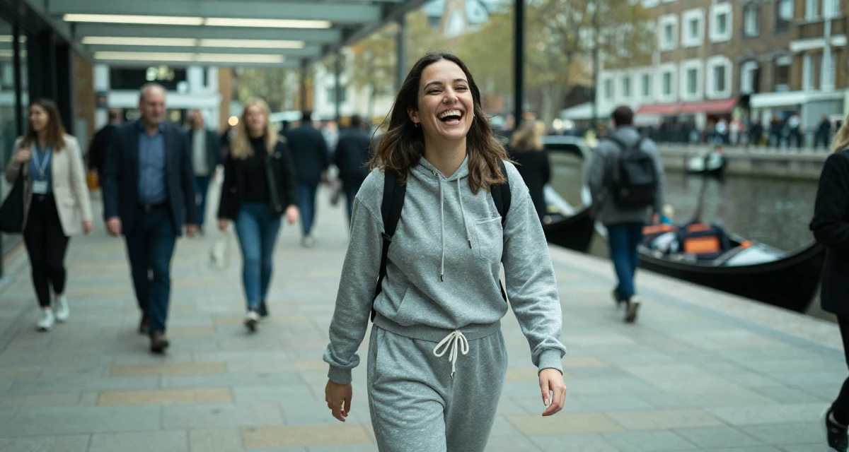 A playful Female From London United Kingdom, majored in media studies in their 34, seeking spiritual or philosophical growth, wearing a comfortable lounge wear set, laughing uncontrollably in a pedestrian plaza.