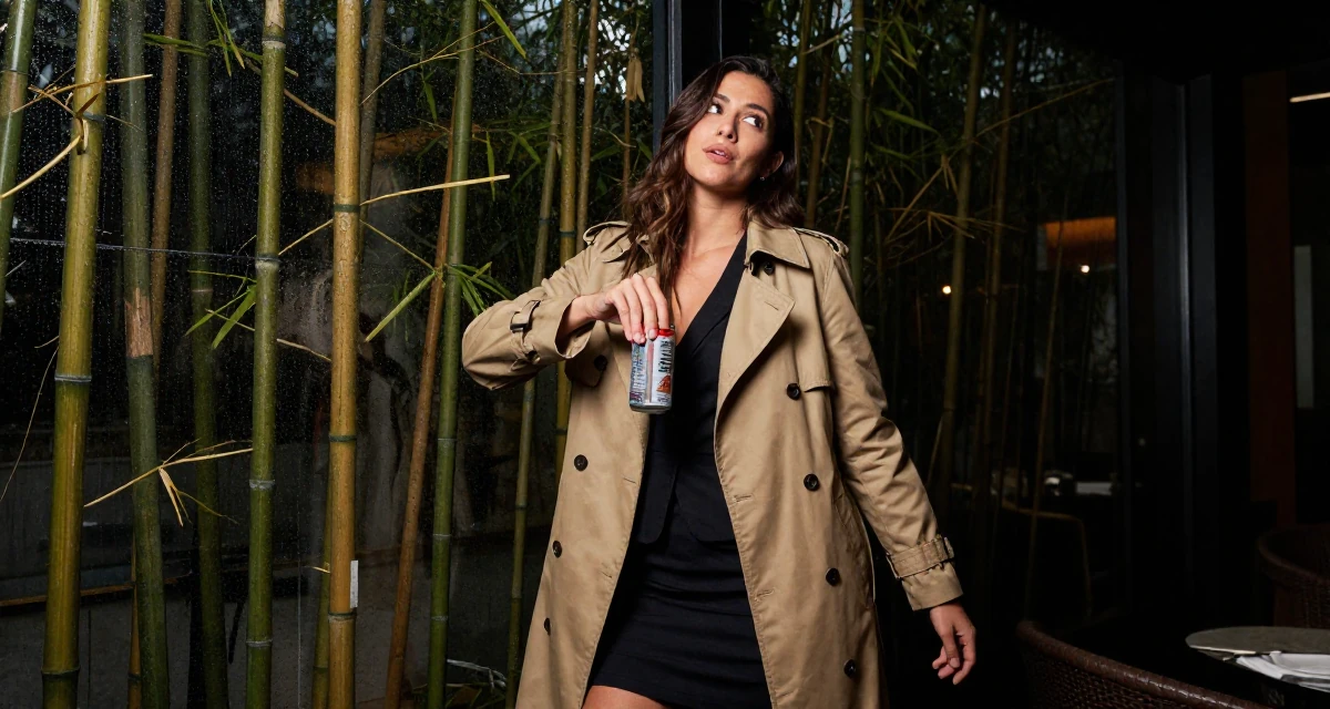 A lazy Female Born in Colombia, majored in media innovation in their 25, experimenting with playful photos that boost confidence, wearing a classic trench coat worn over a business dress, opening a soda can in a high-end restaurant.