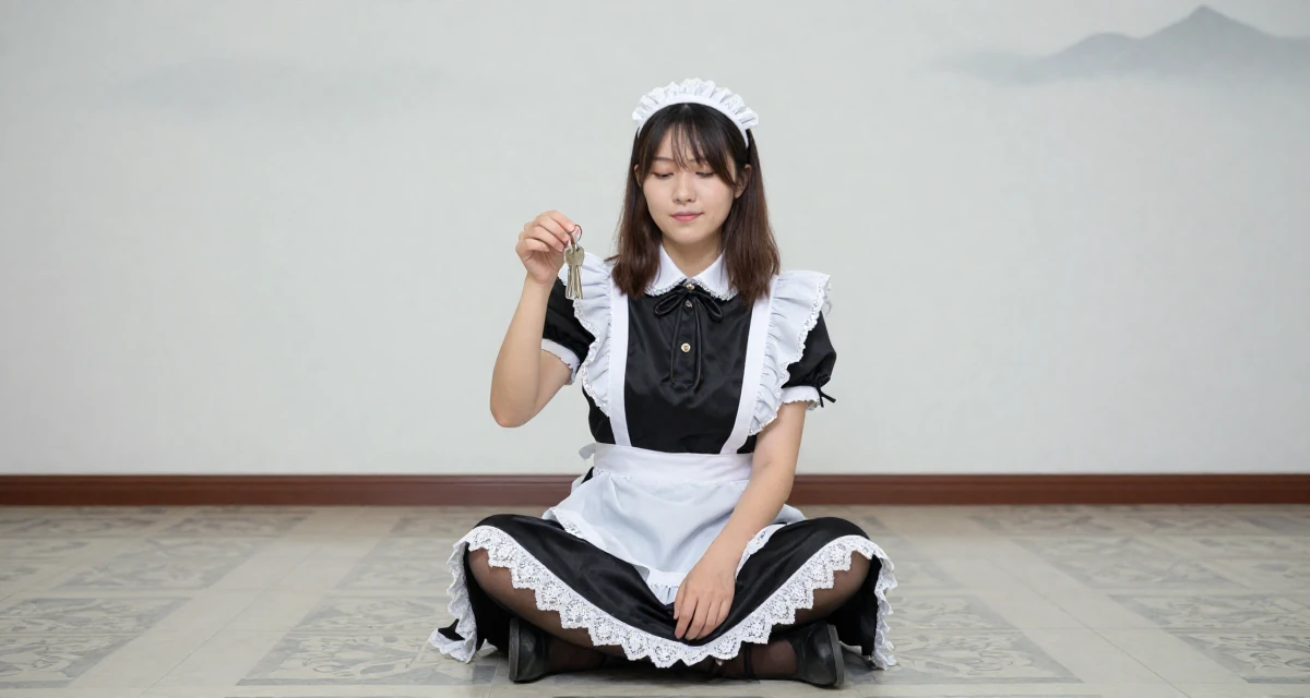 A zen-like Female Once a kindergarten teacher, now a full-time lifestyle content creator in their 29, dealing with social pressure to “settle down”, wearing a french maid costume with black silk and white lace, holding a set of keys in a concert hall.