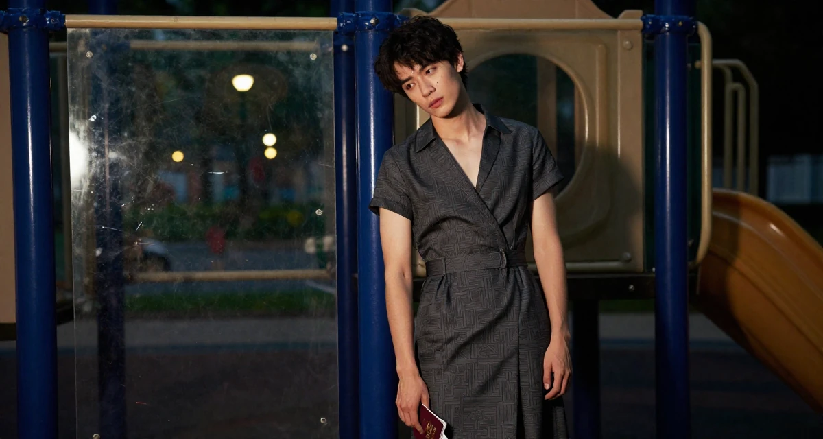 A sensual male Once a junior accountant, now embracing creative independence in their 24, handling the transition from student to adult identity, wearing a sophisticated midi dress, holding a passport or ticket in a school playground.