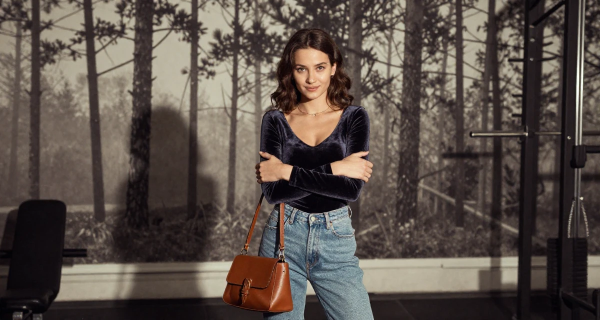 A gently amused Female From Belarus, studied performance media in their 22, facing creative blocks during busy weeks, wearing a velvet bodysuit and high-waisted mom jeans, carrying a leather handbag in a gym interior.
