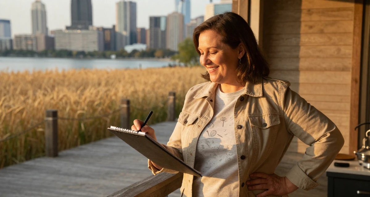 A bright and optimistic Female Once a logistics coordinator, now creating body-positivity material in their 48, grandmother sharing joy and family recipes, wearing a structured jacket with casual tee, sketching on a pad in a serene lakeside dock.
