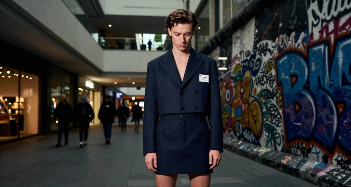 A bashful male Once a junior chemist, now exploring creative body-lighting concepts in their 20, experimenting with new social circles and hobbies, wearing a cropped tailored jacket and matching mini skirt, examining a product in a shopping mall atrium.