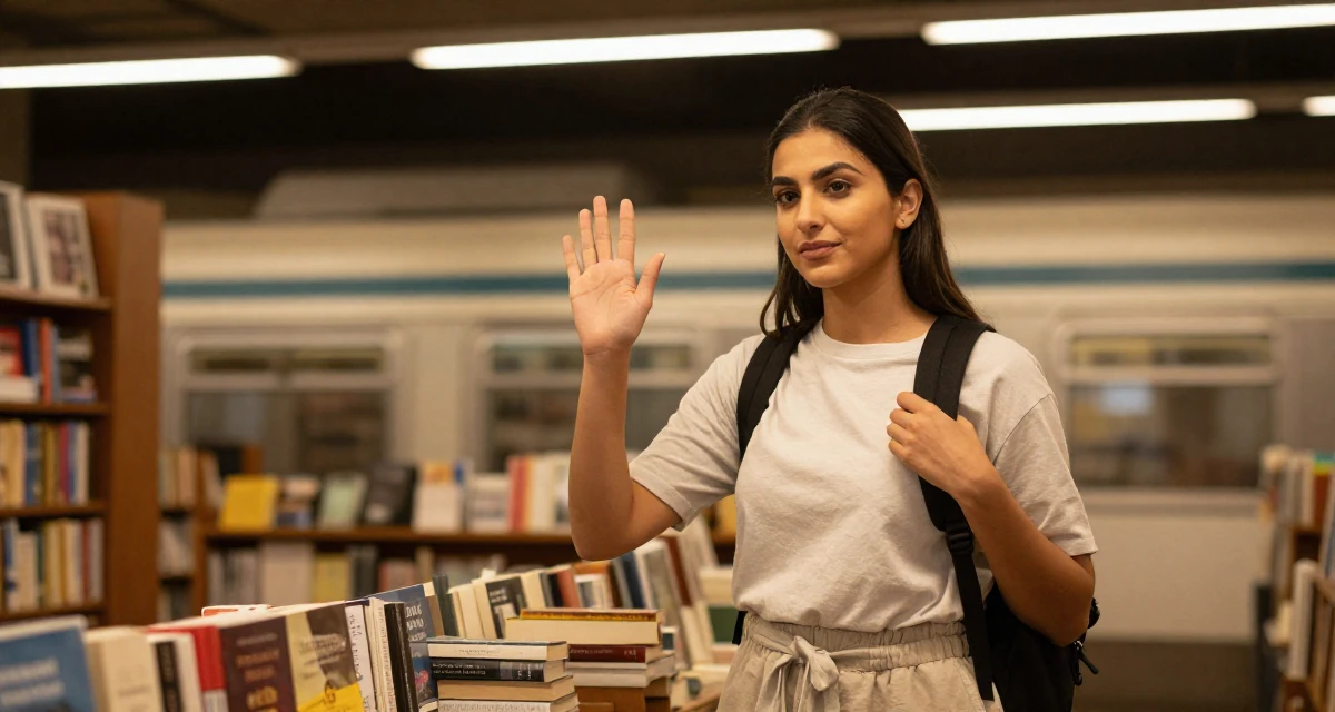 A poised Female From Abu Dhabi UAE, learned studio production and lighting design in their 23, building consistency in personal projects, wearing a clean, neutral-toned casual outfit, adjusting a backpack strap in a vintage bookstore.