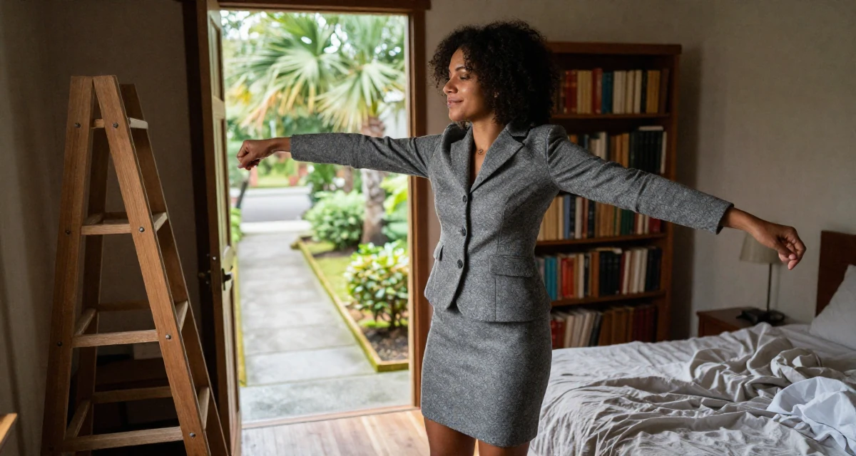 A relieved Female From Mozambique, studied environmental science in their 38, documenting a home gym transformation, wearing a grey wool skirt suit with a fitted jacket, stretching arms after waking in a old library with wooden ladders.