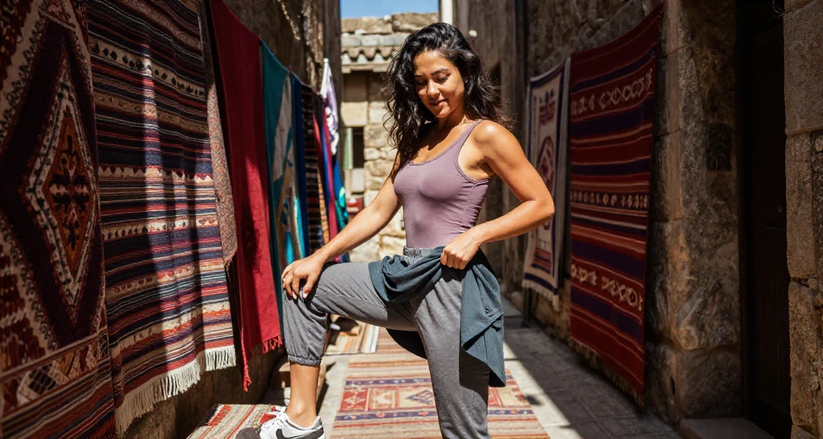 A witty Female Once a junior bar worker, now a nightlife-themed creator in their 21, focused intensely on fitness and glow-up culture, wearing a high-cut bodysuit paired with loose jogging bottoms, fixing the hem of a skirt in a narrow hallway.