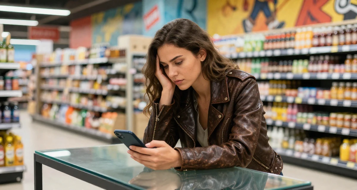 A enigmatic Female Former massage therapist, now offering wellness-focused content in their 23, wondering if this hustle is worth the stress, wearing a vintage-inspired leather jacket look, checking a notification on a phone in a supermarket aisle.