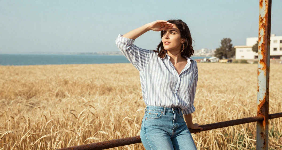 A wild Female From Lebanon, based in Beirut, graduated from a creative institute majoring in expressive photoshoot styling in their 23, realizing self-promotion is a full-time job with no salary, wearing a classic striped shirt and jeans, shading eyes from the sun in a golden wheat field.