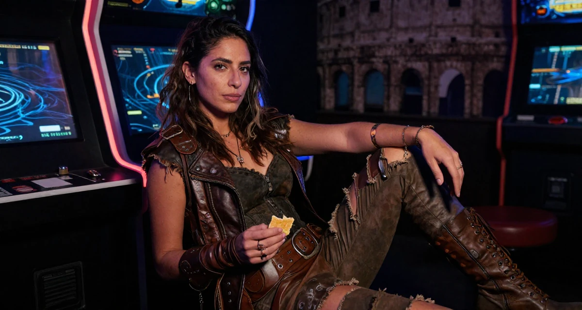 A quietly confident Female From Paraguay, majored in accounting in their 30, rebuilding self-worth beyond content performance, wearing a post-apocalyptic scavenger outfit with distressed leather, holding a snack in a arcade room with neon lights.