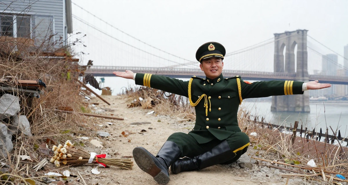 A satisfied male From Shanghai China, majored in journalism in their 45, documenting the renovation of a vacation home, wearing a military general uniform with gold braiding and a hat, stretching arms after waking in a mountain trail.