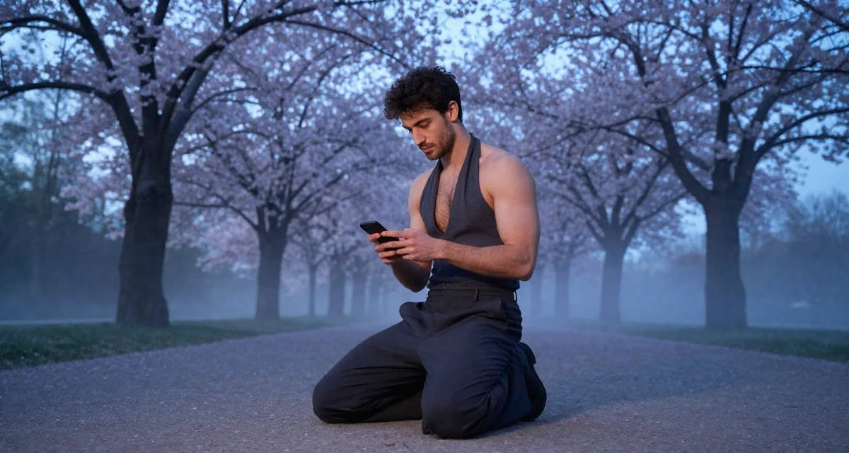 A relaxed male From Milan Italy, studied fashion styling in their 22, planning themed sensual shoots for better consistency, wearing a halter neck top and wide-leg office trousers, typing a message in a cherry blossom park.