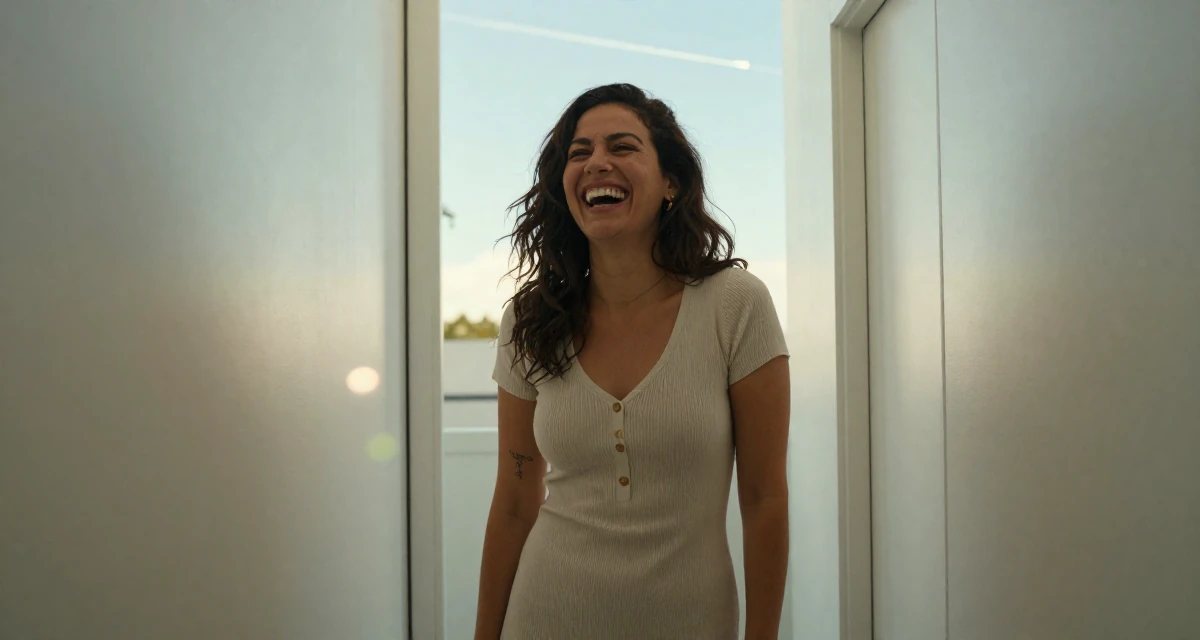 A unbothered Female From Australia, majored in e-commerce in their 22, embracing a more mature, sultry brand identity, wearing a ribbed cotton dress with buttons down the front, laughing uncontrollably in a narrow hallway.