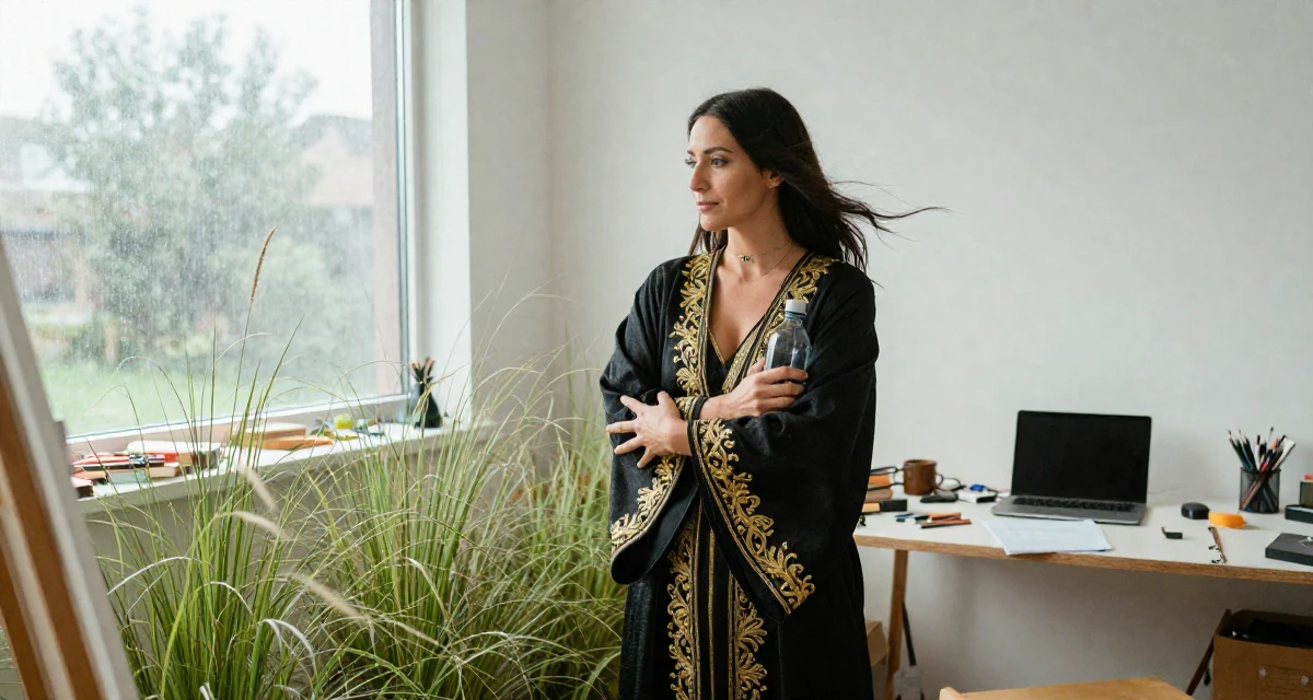 A patient Female Once a startup assistant, now a creator experimenting with storytelling in their 38, investing in real estate and passive income, wearing a high-fantasy sorceress robe with gold embroidery, holding a water bottle in a messy artist studio.