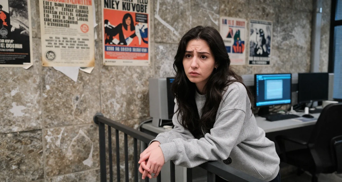 A confused Female Former library assistant, now creating cozy reading-corner aesthetics in their 25, discovering how lighting makes soft sensual vibes pop, wearing a relaxed streetwear, holding hands with someone unseen in a cybernetic computer lab.