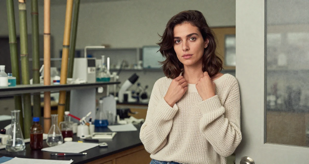 A calm and confident Female From USA, studied psychology and human behavior in their 27, feeling stuck between passion and survival, wearing a loose open-knit sweater showing skin underneath, fixing a collar in a science lab.