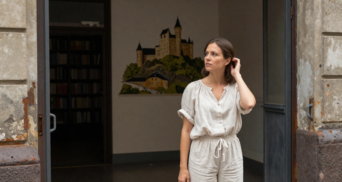 A relaxed and observant Female Once a bookstore clerk, now offering cozy aesthetic subscription content in their 44, minimalist living with a focus on quality, wearing a breezy summer vacation outfit, tucking hair behind an ear in a cinema entrance.