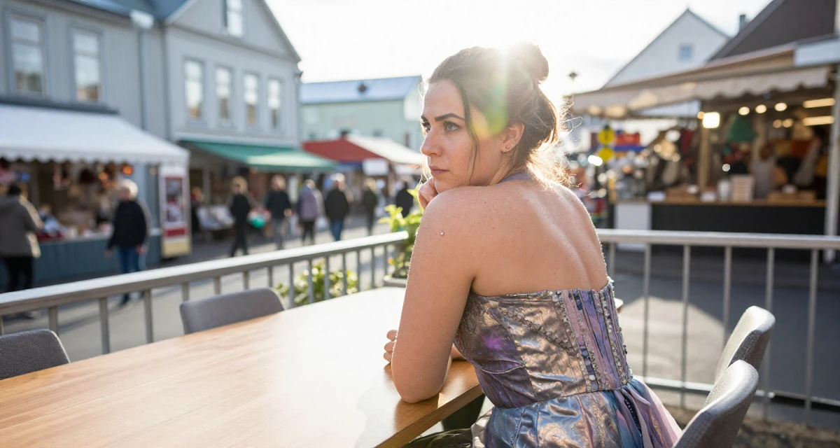 A pensive Female Raised in Iceland, majored in creative digital strategy in their 33, documenting a weight loss and health journey, wearing a galactic princess gown with metallic fabrics, dusting off the shoulder in a bustling market.