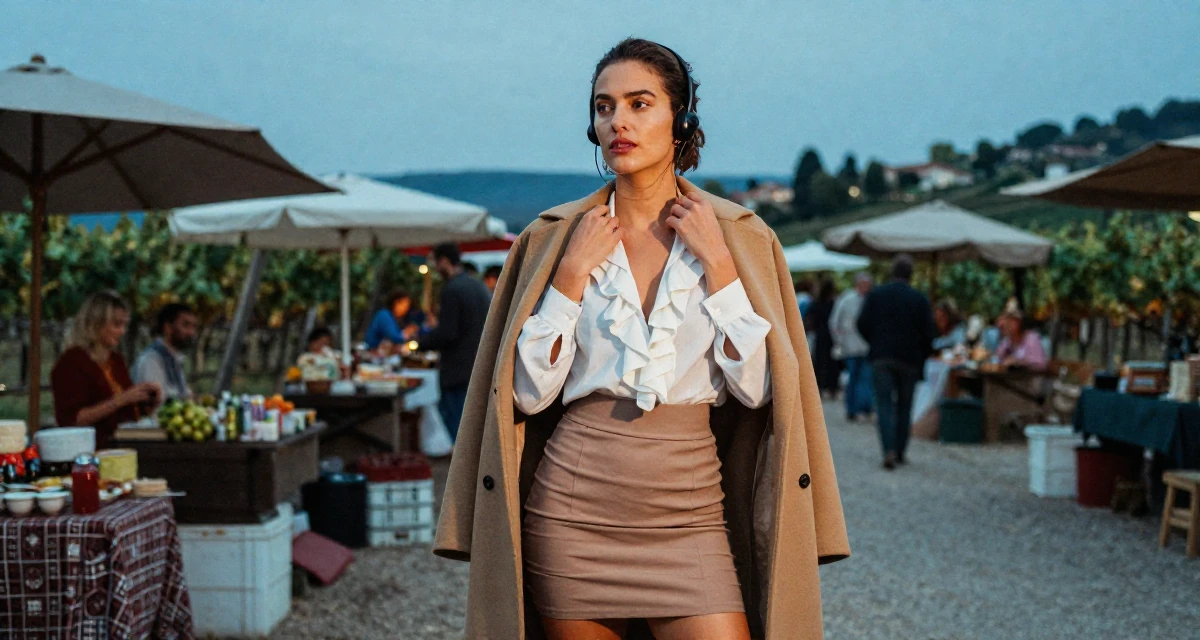 A enigmatic male Former call-center worker, now crafting confidence-centric creator content in their 49, noticing early burnout signs, wearing a ruffled blouse tucked into a tight mini skirt, unbuttoning a coat in a bustling market.