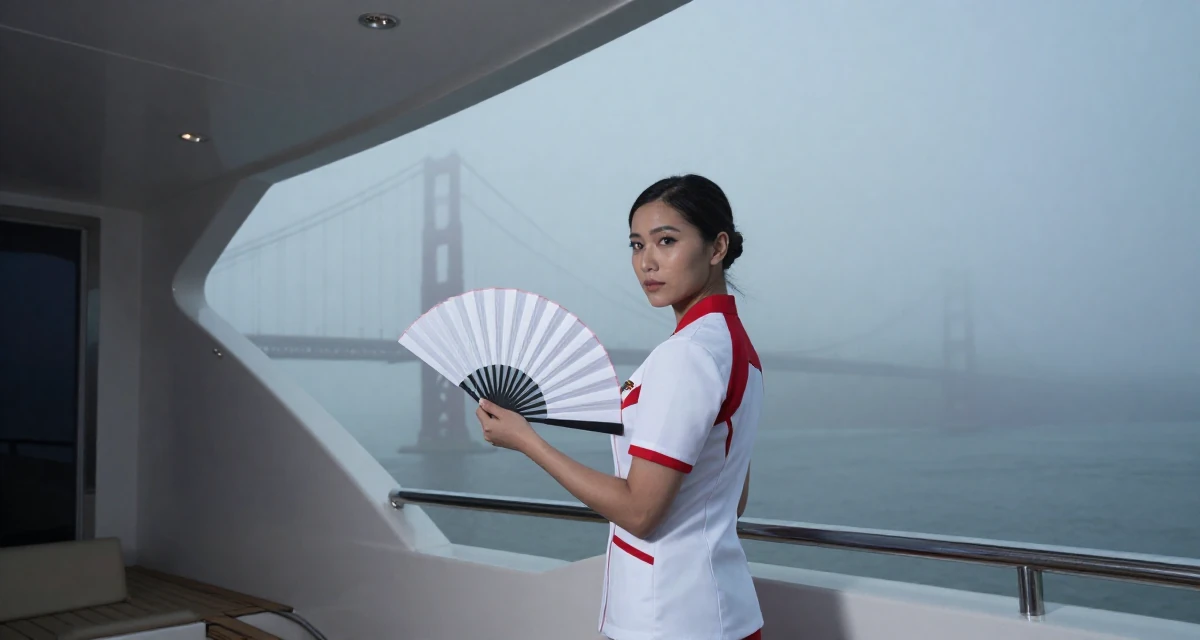 A sophisticated Female From Singapore, holds a degree in data science in their 23, feeling pressure to “figure life out” quickly, wearing a futuristic medic uniform with white and red details, fanning self with a hand in a yacht deck.