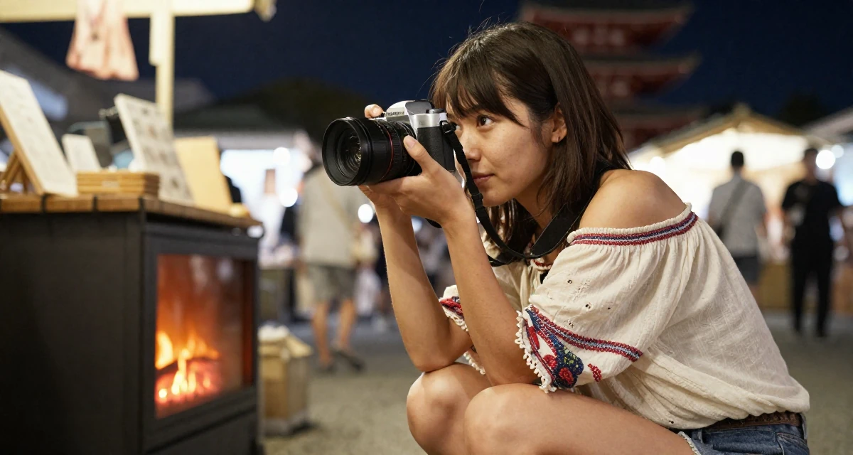 A steady Female From Tokyo Japan, majored in literature in their 25, vibrating with creative potential, wearing a boho style off-shoulder peasant top and shorts, holding a camera ready to shoot in a night market stall.