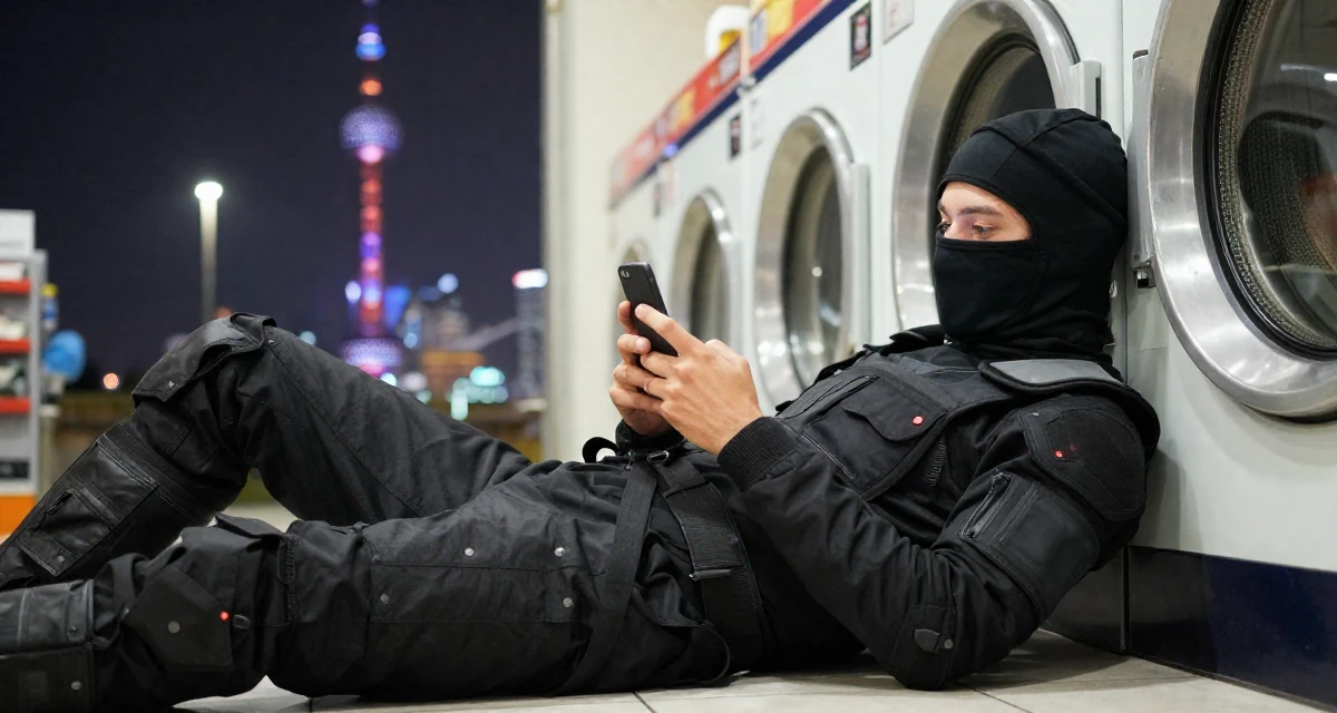 A bright and optimistic male From Canada, studied hospitality management in their 28, feeling a renewed sense of ambition, wearing a tech-wear ninja outfit with a face mask, texting with both thumbs in a laundromat.