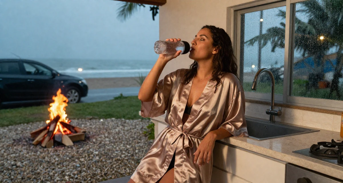 A playful Female From Venezuela, majored in public administration in their 27, contemplating a major career pivot, wearing a short silk robe tied loosely, drinking from a water bottle in a sunlit kitchen island.