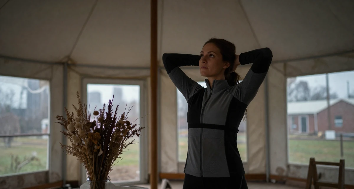 A thoughtful Female From Canada, trained in advertising and branding in their 42, renovating a forever home with detailed care, wearing a modern tech-wear inspired look, waiting for a light to change in a circus tent interior.